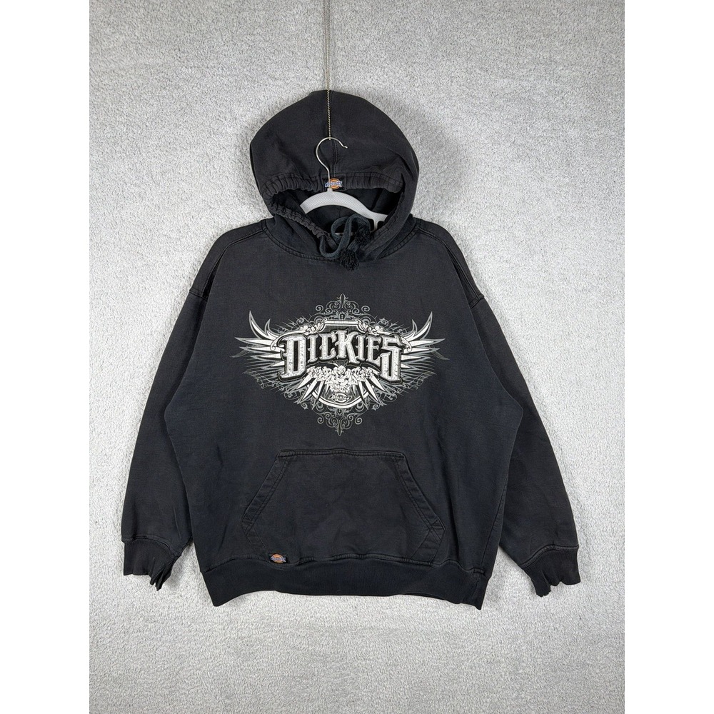 Dickies Distressed Hoodie Y2K Graphic Spellout Embroidered Black Mens Size L